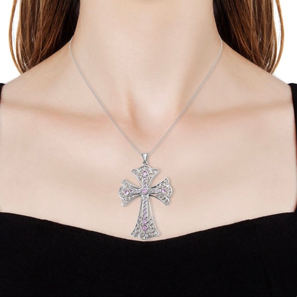 Simulated Pink Diamond Cross Necklace - Picture 5 of 7